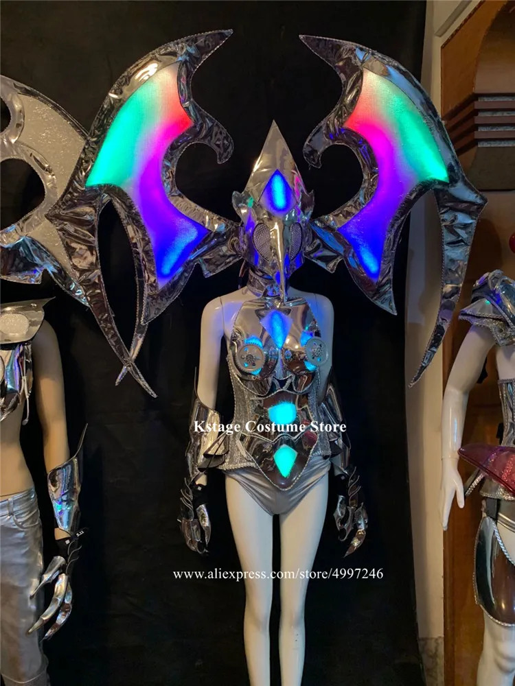 BV5 Catwalk stage perform wears LED light costume remote control silver mirror outfits party luminous armor robot suit wings bar