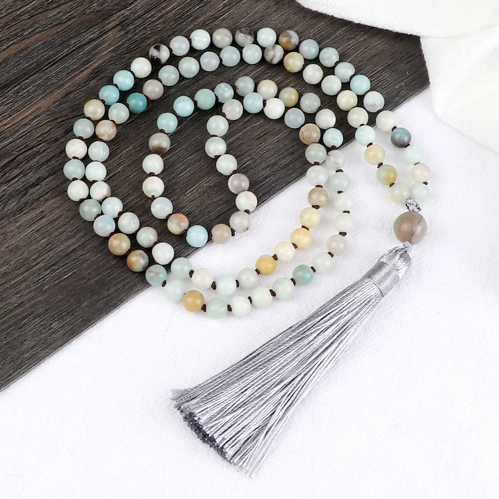 108 Beads Prayer Necklace Natural Green Stripe Onyx Stone Buddhist Buddha Meditation Bead Mala Necklace Women Men Jewelry Gifts