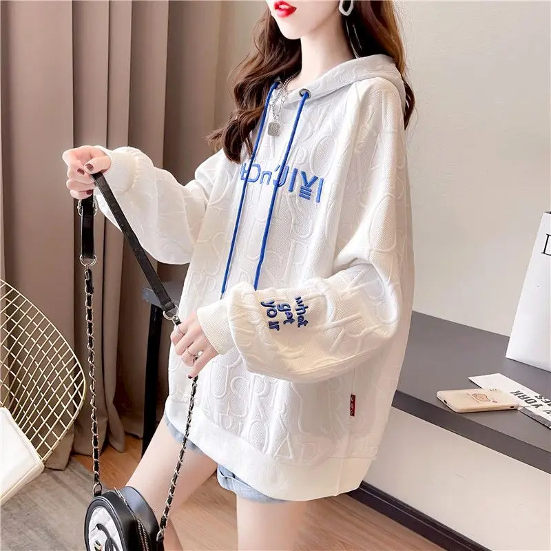 Autumn New Embroidery Hoodies Womens Fashion Loose Large Size Hoodie Korean Trendy Thin Long-sleeved Versatile Hooded Sweatshirt