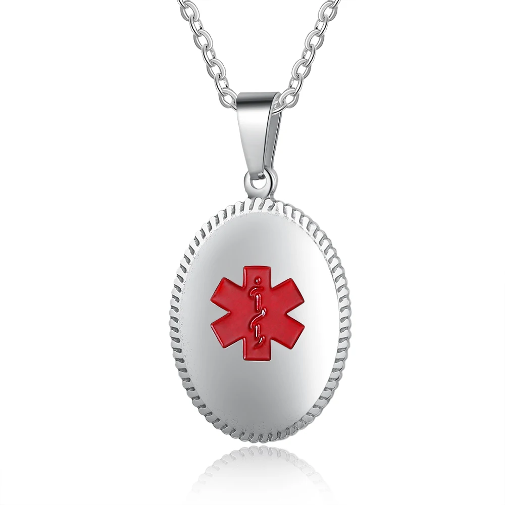 Personalized Necklaces Medical Alert ID Stainless Steel Tag Round Pendant Customized Emergency Jewelry for Women Engravable Gift