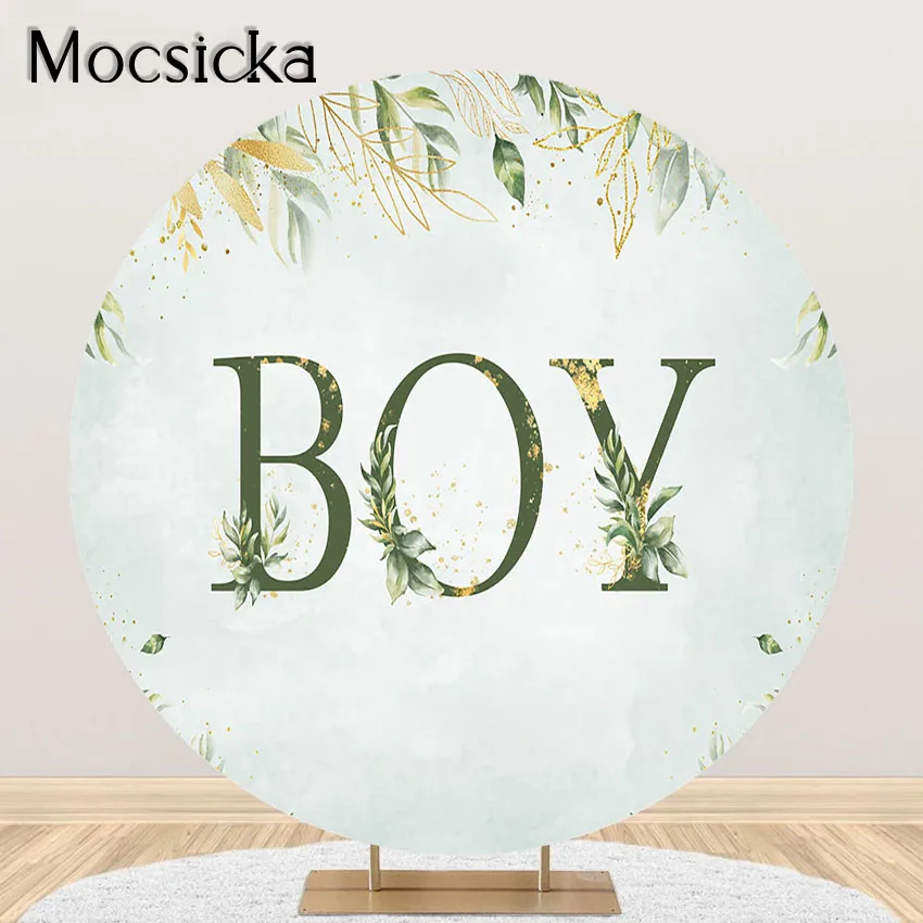 

Mocsicka Green Leaves Boy Baby Shower Backdrop Nature Plants Greenery Boy Party Decorations Round Circle Cover Banner Photoshoot