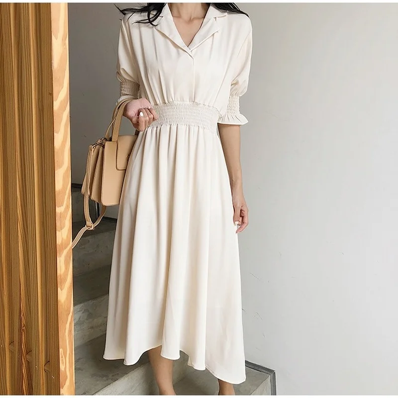 2021 Summer Dress Korean Women Solid V-Neck High Waist White Dress for Women Casual Temperament Thin Long Dresses Vestidos 14139