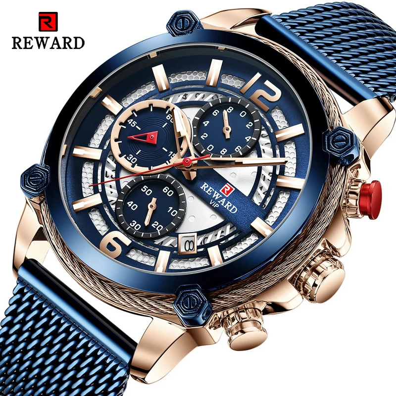 REWARD New Luxury Mens Watch Top Brand Blue Steel Mesh Chronograph Waterproof Men Sport Quartz Wrist Watch Relogio Masculino