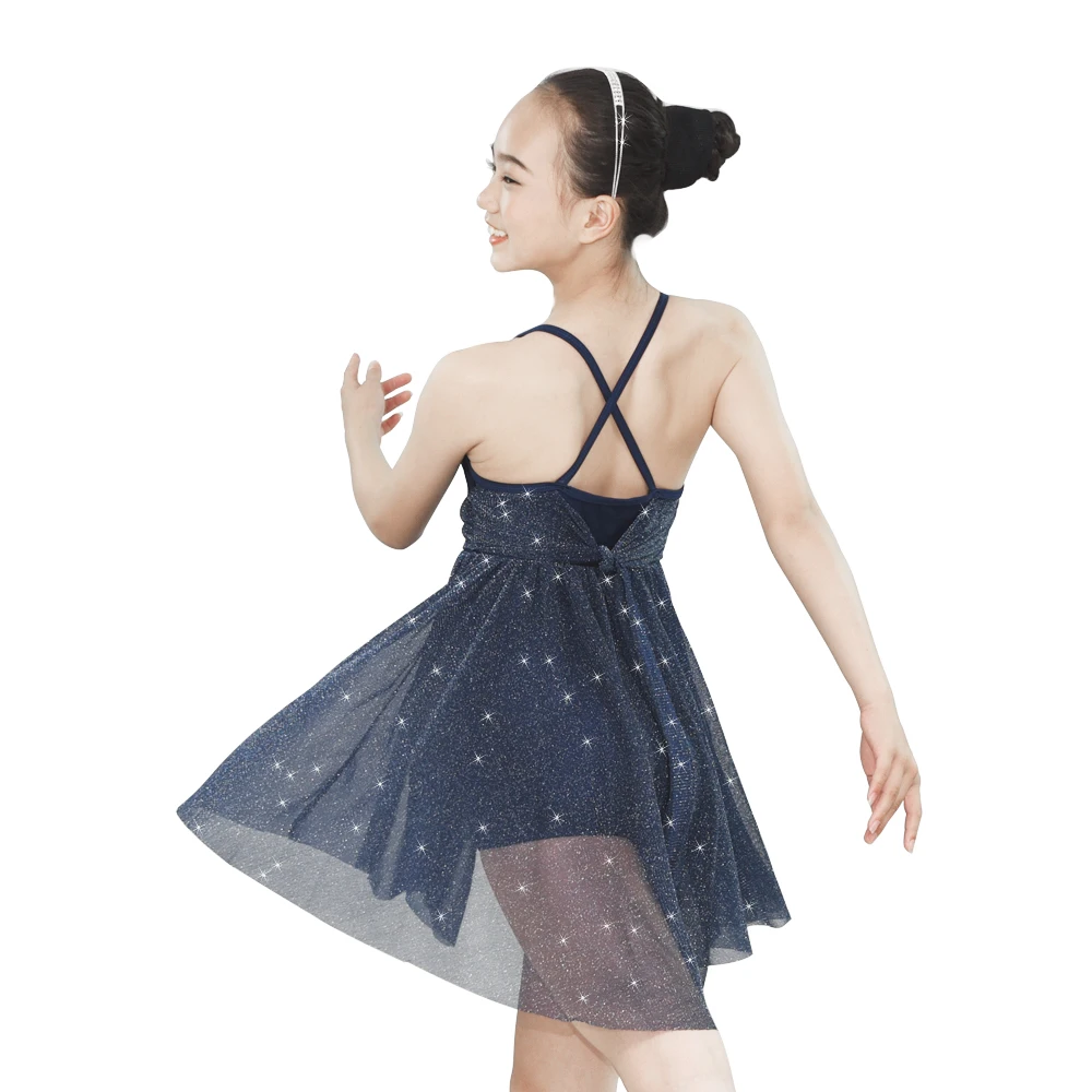 MiDee Lyrical Costumes Silver Glitter Mesh Crossing Pleats Dance Dress Camisole Leotard for Girls Women
