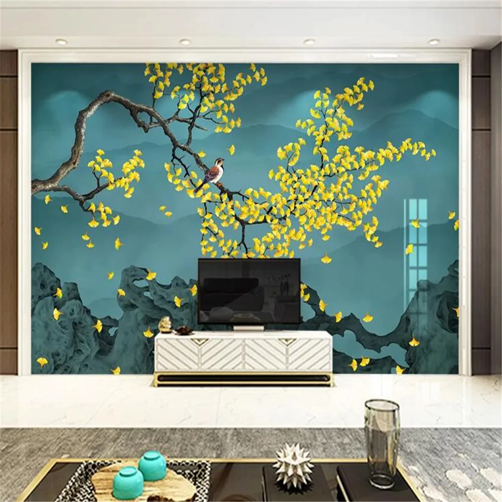 

Milofi custom large non-woven fabric new Chinese ginkgo hand-painted flowers and birds background wall decoration painting