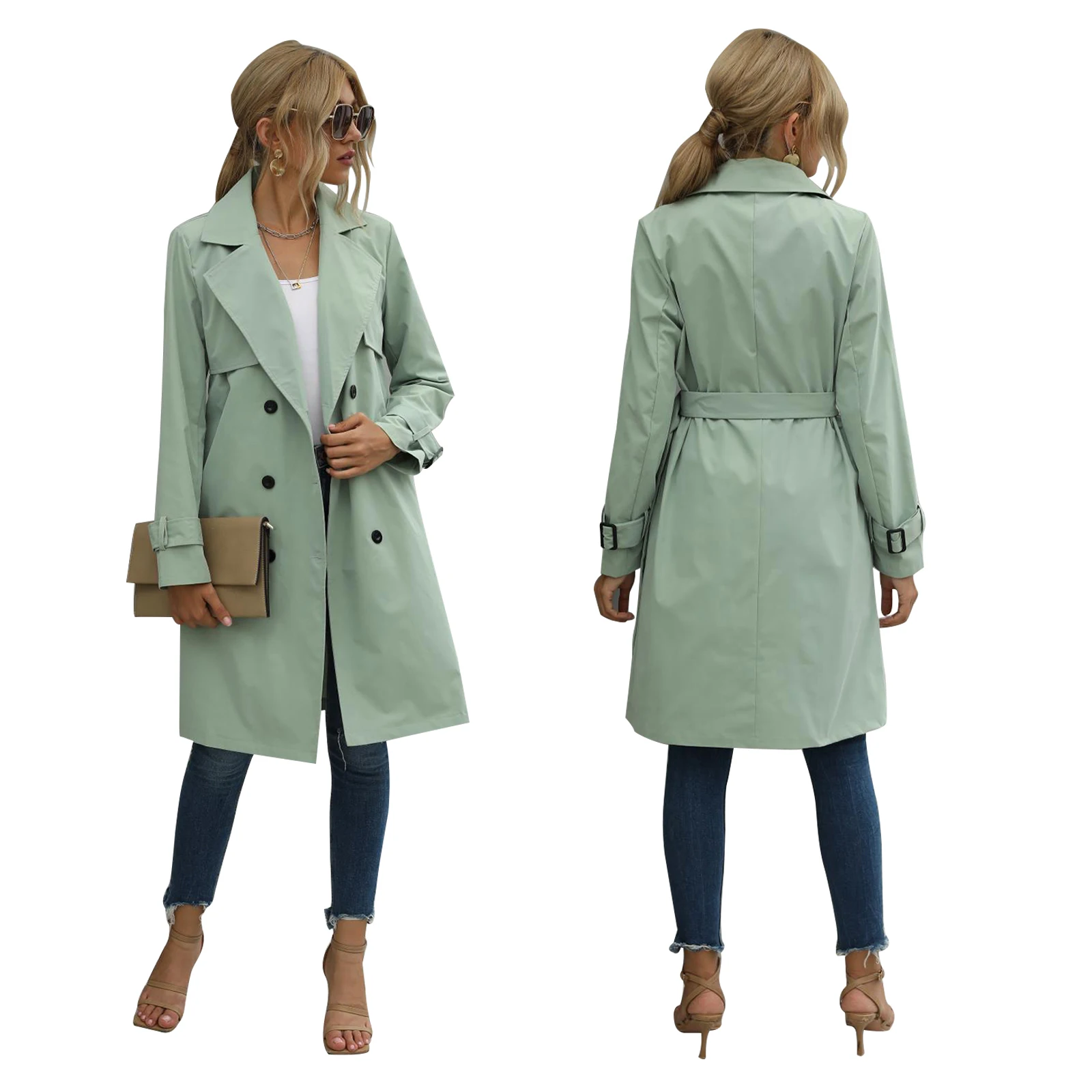 Fashion Women Casual Solid Color Coat Adults Autumn Elagant Long Sleeve Lapel Neck Double Breasted Belted Trench Coat