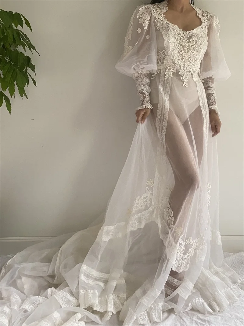 White Lace Wedding Sleepwear Custom Made Pajamas Women's Bath Gown Bathrobe Long Sleeves Ruched Tulle Bridal Robe Nightgown