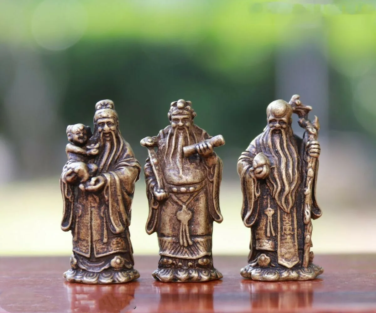 

4 CM China Copper Bronze Fukurokuju Longevity God Fu Lu Shou Immortal Buddha Set