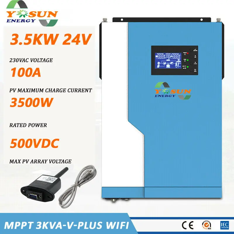 

YOSUN 3.5KVA 3500Watt MPPT Solar Inverter Off-Grid Inverter Pure Sine Wave 120V-500V PV Range 230V To 24Vdc Battery System WIFI