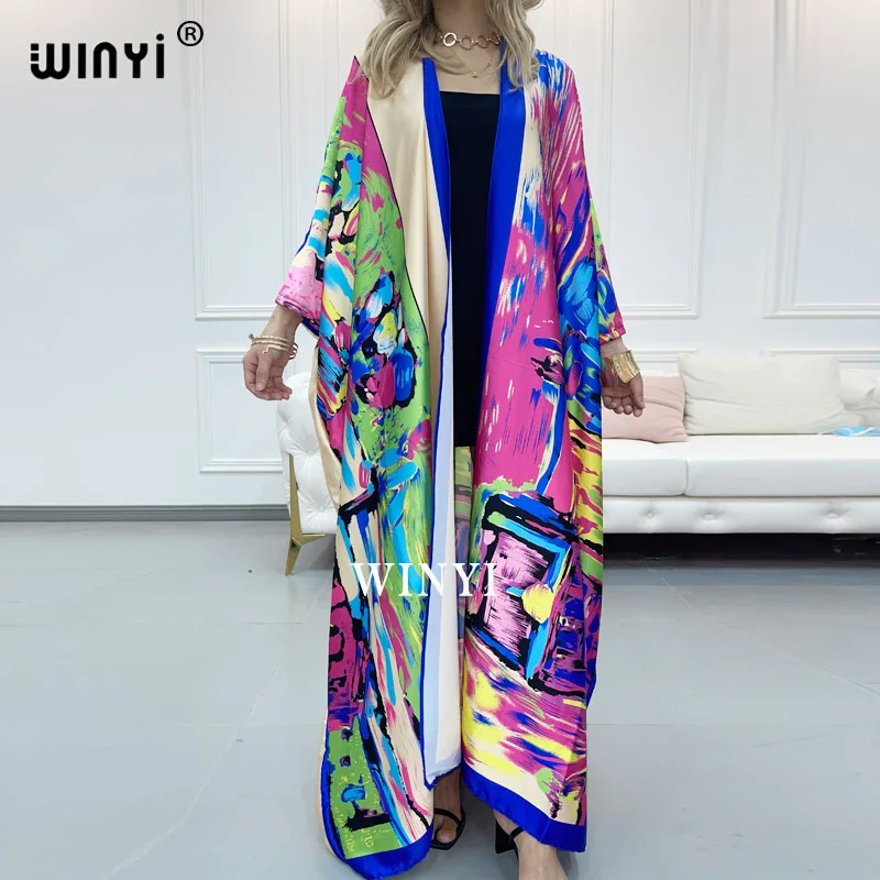 

Middle East Sunmer WINYI Women Cardigan Coat Loose Long Dress Cocktail Party Boho Maxi African Holiday Batwing Sleeve Silk Robe