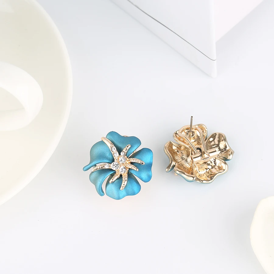 Kinel Hot 2019 Blue Enamel Rose Earring For Women Fashion Gold Crystal Earrings Engagement Vintage Jewelry