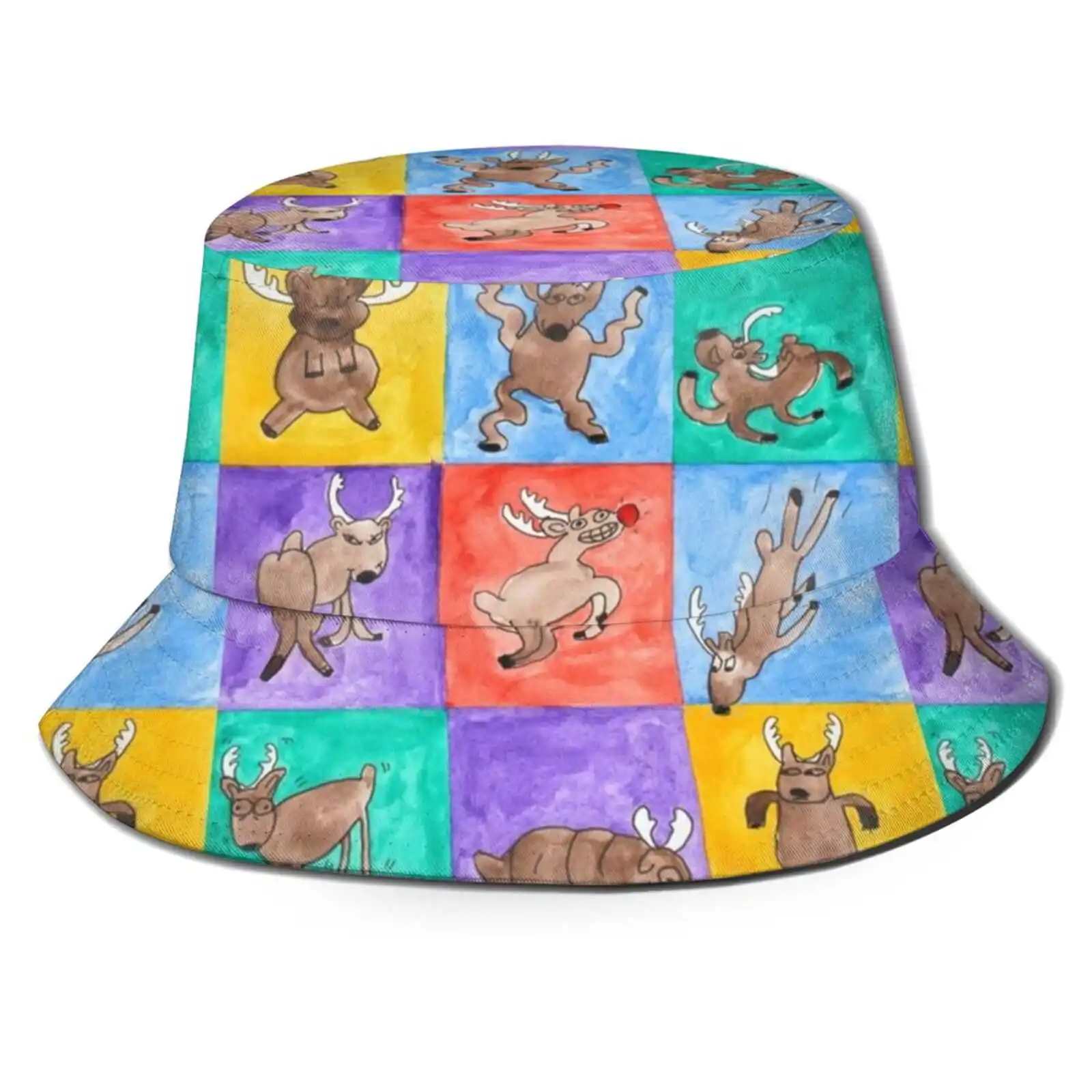 Reindeer Rumpus Print Bucket Hats Sun Cap Reindeer Christmas Rudolph Dasher Dancer Prancer Donner Vixen Cupid Comet Blitzen