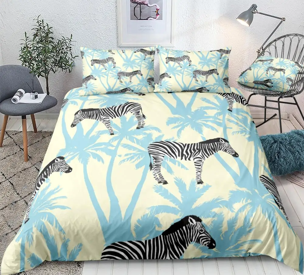 

Zebra Bedding Set Coconut Palm trees Duvet Cover Set Tropic Plants Bed Linen Blue Yellow Bedclothes Kids Teens Home Textiles