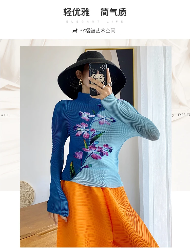 

IN STOCK Miyake fold long sleeve T-shirt stand collar print Flowers Tofu pleats Slim T-shirt HOT SELLING