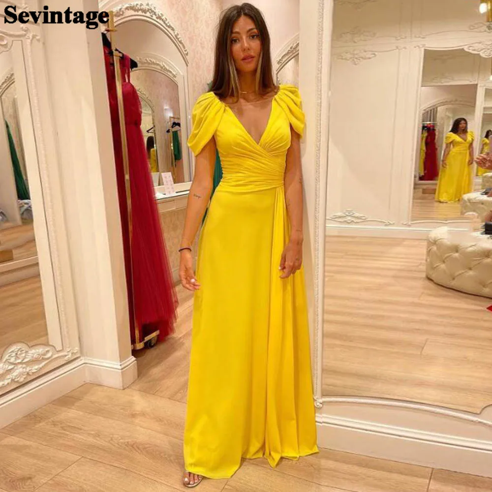 

Sevintage Yellow Chiffon Long Prom Dresses Nude O-Neck Cap Sleeves Pleated Evening Gowns For Women Formal Party Night Outfits