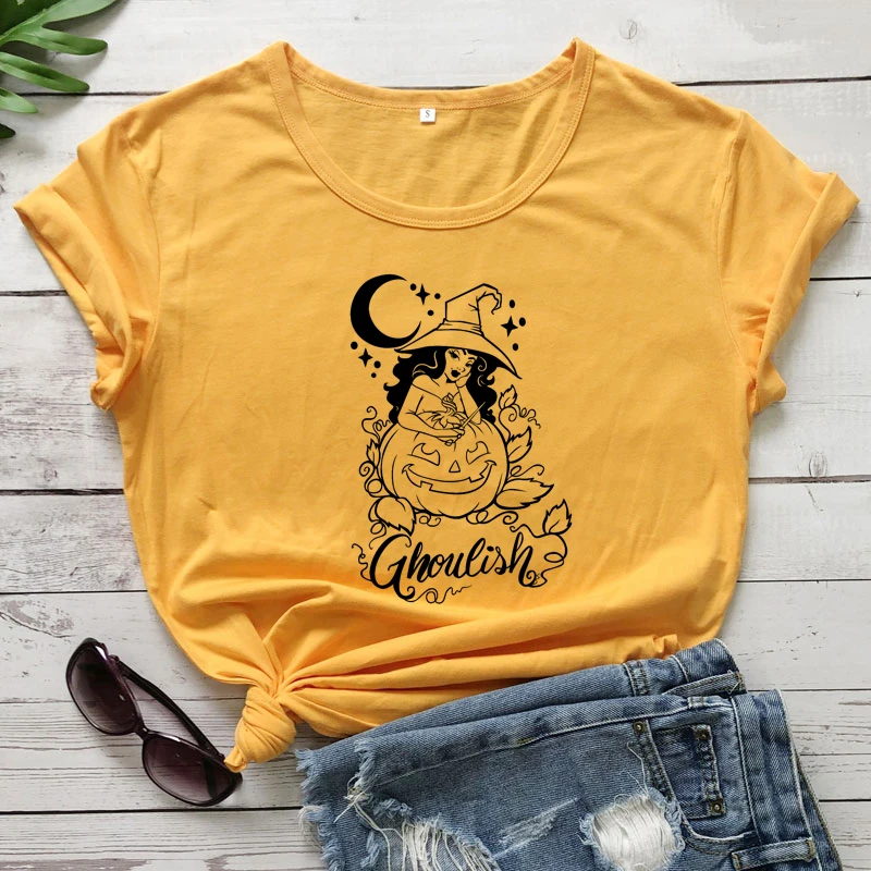 Ghoulish Witch With Pumpkin Layered T-shirt Women Witchy Gothic Top Tee Shirt Retro Halloween Party Tshirt Aesthetic