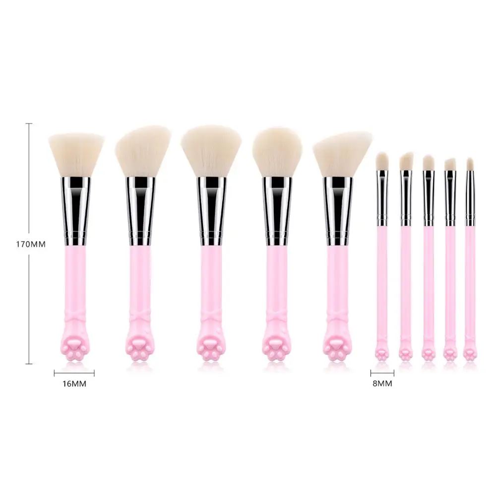 10 Pcs Cute Cat Claw Shape Makeup Brushes Set Foundation Kabuki Powder Contour Eyeshadow Blush Make Up Brushes Cosmetic Tool Kit