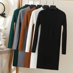 2024 Winter Robe Midi Dress Elegant Dresses for Women Sweater Knitted Clothes Korean Fashion Basic Clothing Casual Women's Black