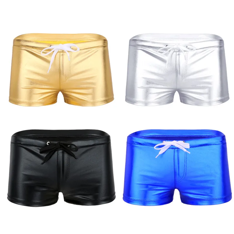 Mens Boxer Shorts Male Drawstring Shorts Patent Leather Lingerie Homme Casual Shorts Summer Elastic Waistband Lounge Short Male