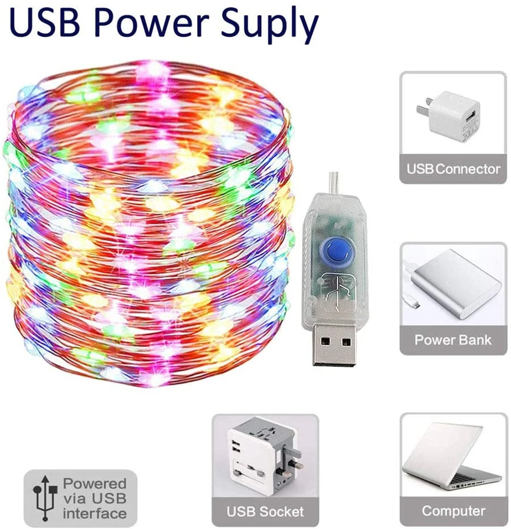 Drut miedziany LED Light lampki świąteczne na sznurku Garland 5m/10m 8 trybów USB Remote do domu kryty świąteczne dekoracje weselne