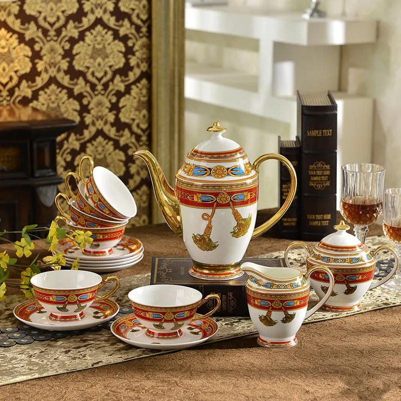 Ceramic Coffee Set Cups & Saucers Pot Breakfast Tea Drinkware Sugar Can Milk Jug 15 Pieces Wedding Gift Packing Box Luxury