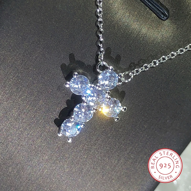 

Exquisite 925 Silver Necklace Jewelry Women Wedding Fashion Cross CZ Crystal Zircon Stone Pendant Necklace Christmas Gift