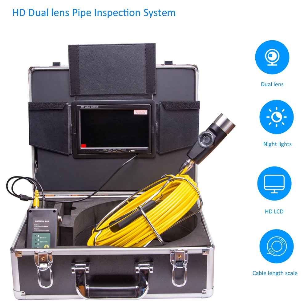 

42MM HD Dual Lens Pipe Sewer Drain Industrial Endoscope Inspection Camera System 7inches LCD 20m Cable