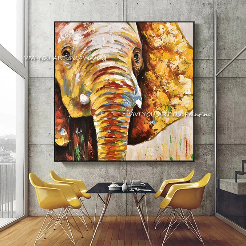 Original Handmade Textured Oil Canvas, Vibrant Abstract Elephant Large Square Wall Art Industrial Home Decor