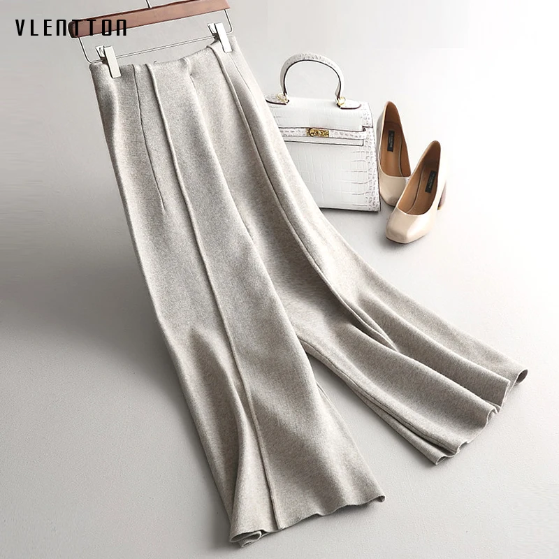 2020 Autumn Winter Thicken Wide Leg Pants Women Solid High Waist Wool Knitted Pants Casual Loose Trousers Female Pantalon Femme