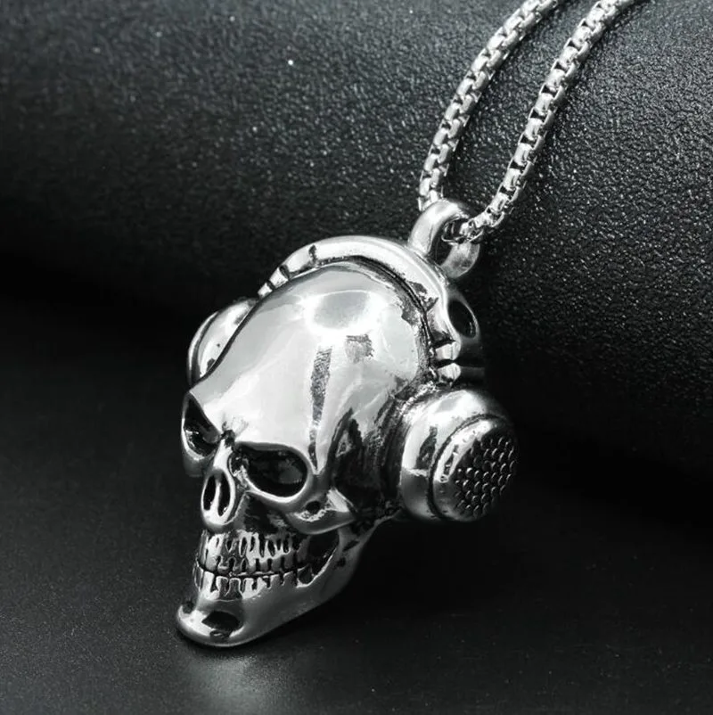 Gothic Silver Color Music Headphones Skull Pendant Necklace Men's Punk Rock Party Biker Jewelry Gift