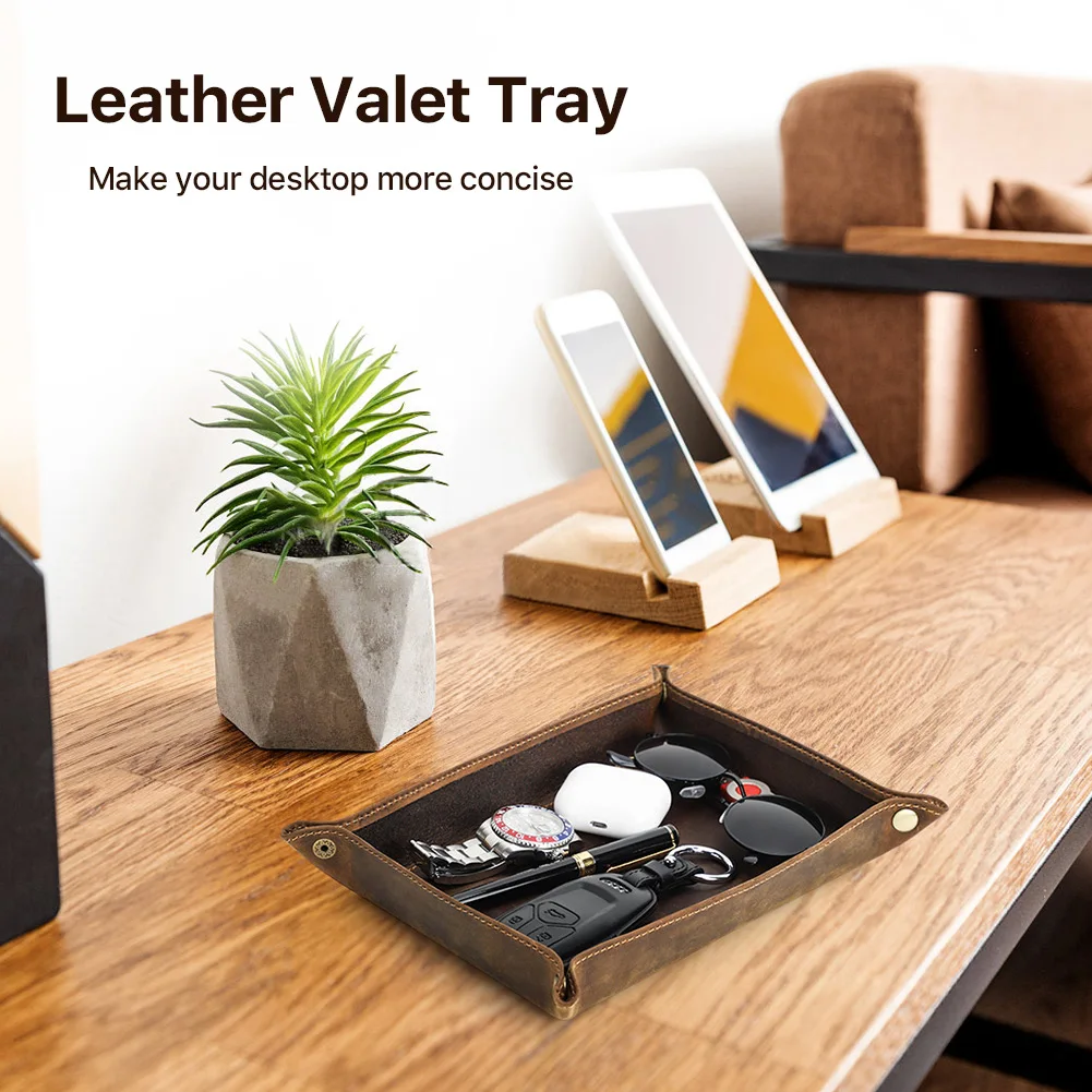 Genuine Leather Foldable Storage Trays Cowhide Square Tray Key Wallet Coin Organizer Home Office Desktop Storage Sundries Box