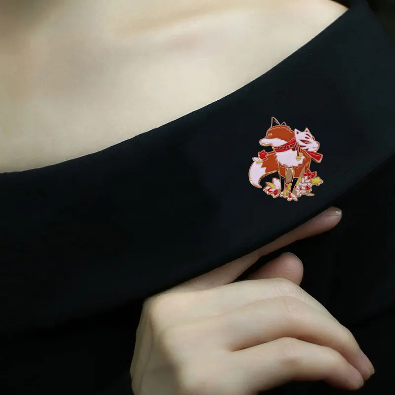 Red Fox Brooch enamel pin Shrine Fox Fairy Myth Anime Accessories Bag Accessories