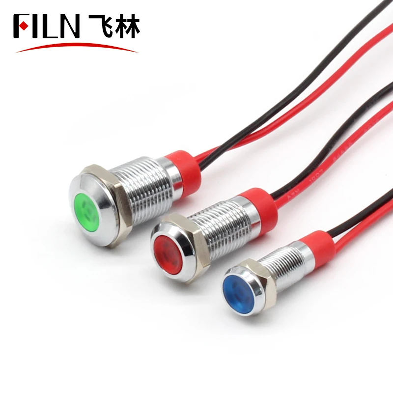 FILN 6mm 8mm 10mm 9V-24V Lampada indicatore di segnale in metallo a led con cavo 15 cm