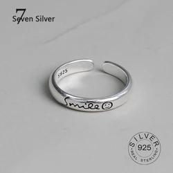 Real 925 sterling silver finger smile letters rings for women Trendy fine Jewelry Large Adjustable Antique Rings Anillos