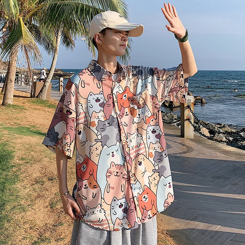 Hawaiian Beach shirt men's short sleeve loose size niche design ice silk shirt camisa masculina streetwear imported-china