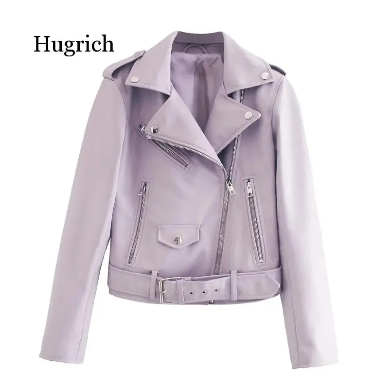 Spring Autumn Women Faux Leather Jacket Ladies Solid with Belt Zipper Biker Coat Female Casual Outwear