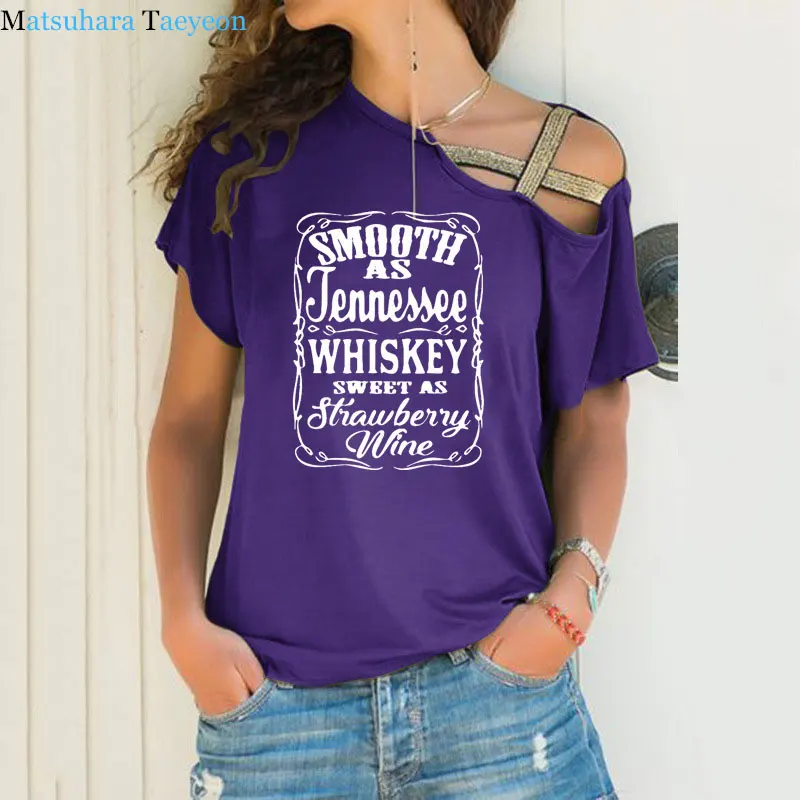 Smooth As Tennessee Whiskey Sweet As Strawberry Wine TShirt Women Irregular Skew Cross Bandage Shirts Graphic Tee Tshirt