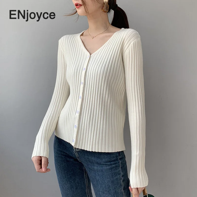 

Spring Fall Women Simple V-neck Single-breasted Knitted Thin Sweater Cardigan Ladies Slim Korean Fashion Long Sleeve Knitwear