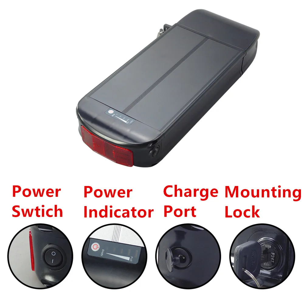 36Volt Rear Rack Carrier City Electric Bike Battery Box 36V 48V Silver or Black Color Ebike Battery Case Replace Repair Upgrade