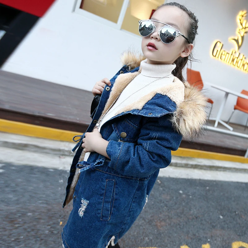 Winter Girl\'s Denim Jacket Fashion Girls Fur Collar Jean Hoodies Children Kids Mid-Long Warm Windbreaker Snowsuits Jacket 14Y