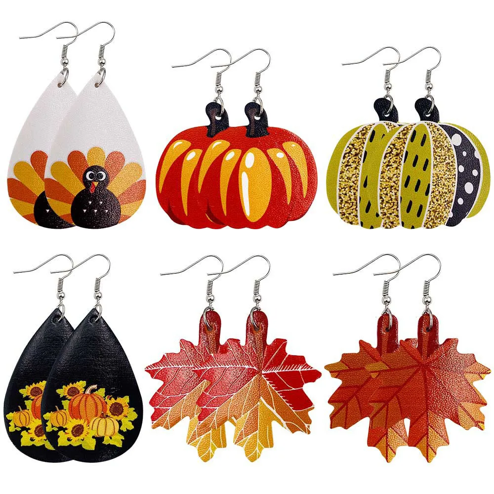 Thanksgiving Leather Earrings Pumpkin Sunflower Maple Shape Women Holiday Jewelry Autumn Vintage Unique Print Dangle Earrings