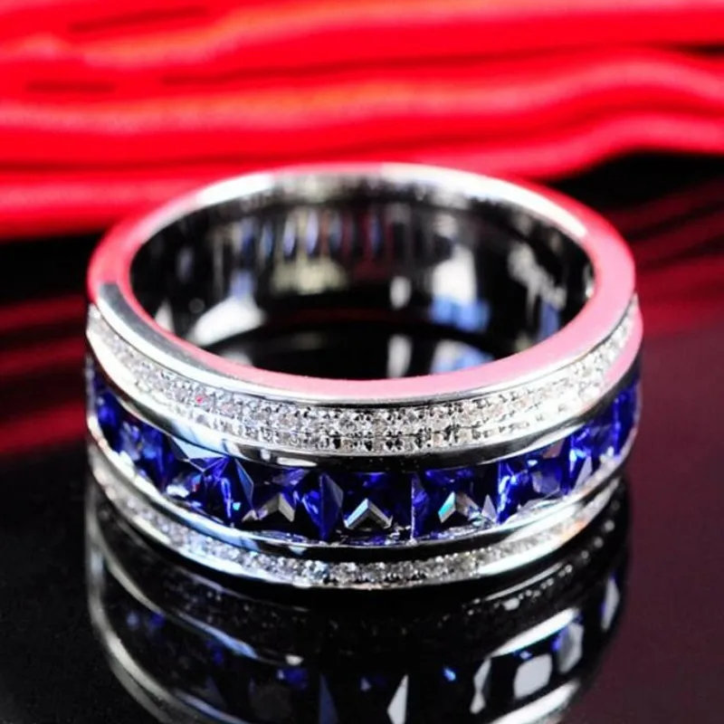 Men\'s Deluxe 10K white Gold Princess-cut Blue Sapphire Crystal gemstone Band ring Wedding Rings for Men Women jewelry