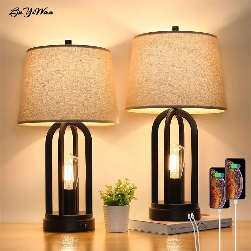 

American table lamp bedroom three-speed touch no polar dimming USB rechargeable fabric retro industrial wind