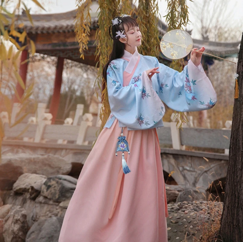 Endless Xia Hanfu Women Collar Wide Sleeve Ancient Costume chinese Skirt Maple Leaf Print Pleated hanfu dress Student hanfu suit