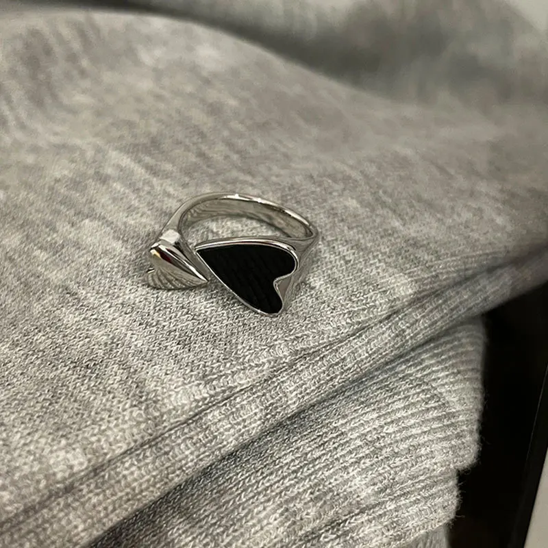 LIVVY Minimalist Silver Color Finger Rings for Women Fashion Creative Double Black LOVE Heart Elegant Party Jewelry Gifts