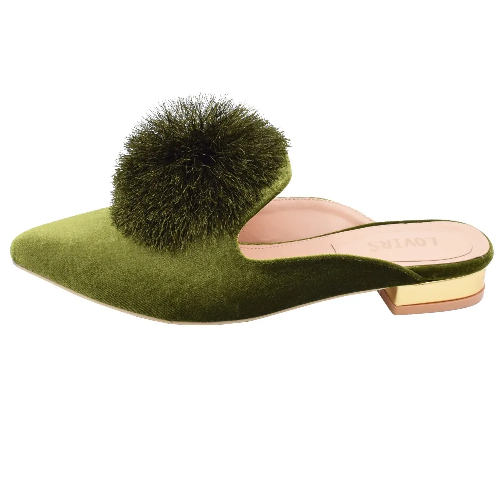 Lovirs Mules for Women Puff Pom poms Slip On Loafers Backless Green Mule Pointed Toe Velvet Mule Slides Slippers Shoes