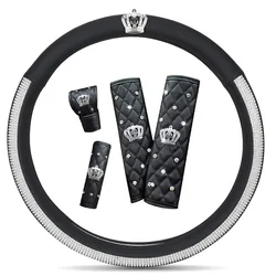 High Quality Leather Car Steering Wheel Cover with Bling Crystal Rhinestone Crown Auto Accessories Kit Set for 15 Inch Women Men
