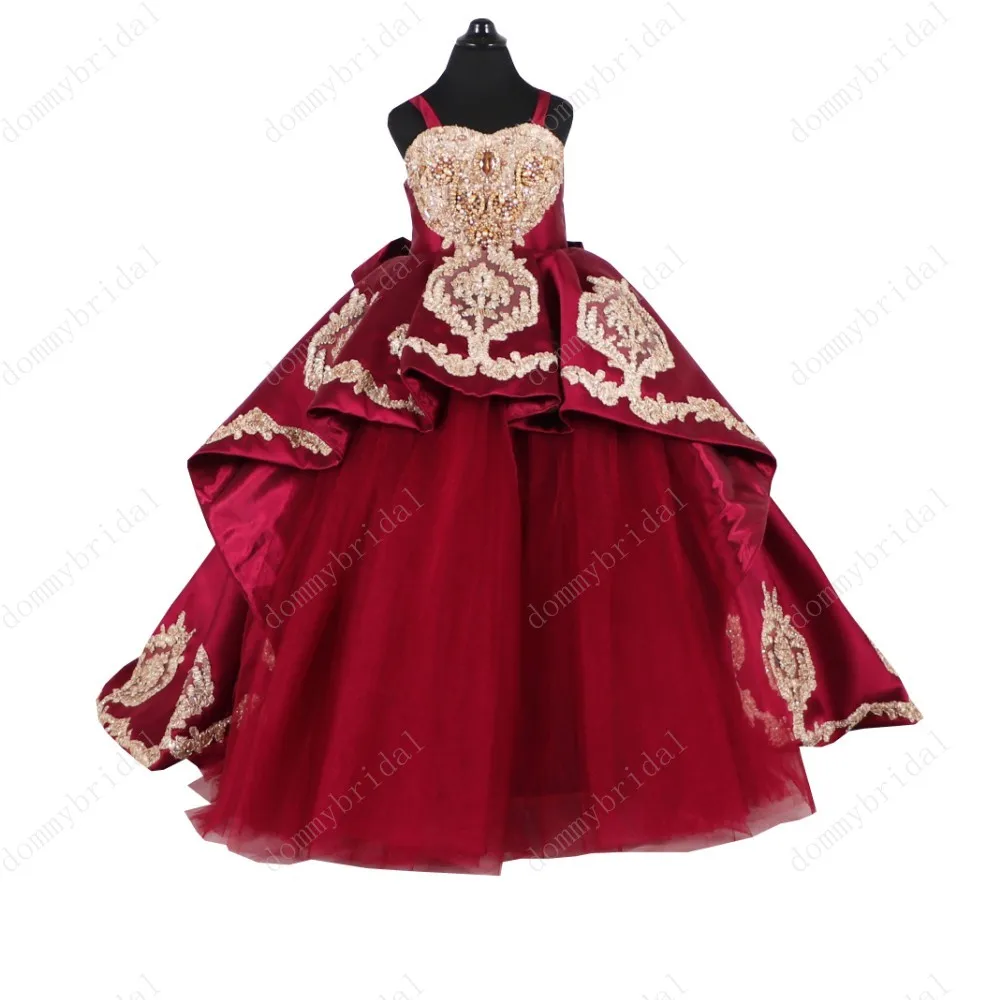 2023 sexy ouro bordado borgonha inchado vestido de baile crianças vestidos da menina flor cetim tule pérola primeiro comunhão concurso vestido baile