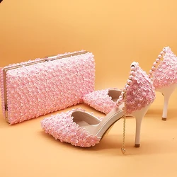 Pink Flower Wedding Shoes And Bags Set High Heels Pointed Toe Ankle Strap Ladies Party Shoe With Matching Purse Pearl Lace-up