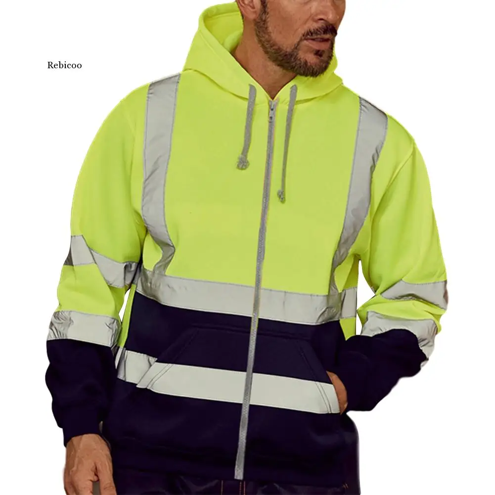 Men Women Workwear Coat Casual Safety Reflective Strip Hoodies Long Sleeve Jacket Unisex Fashion Hooded Zipper Tops Outwear